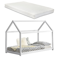 Decoshop26 Lit d'enfant cabane maison avec matelas et sommier à lattes en pin blanc 90 x 200 cm 03_0002641