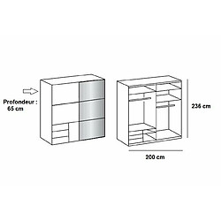 Inside 75 Armoire coulissante LISBETH 1 porte 3 tiroirs blanc 1 miroir 200 x 236 cm hauteur