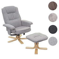 Mendler Fauteuil de télé M56, fauteuil de relaxation avec tabouret, tissu ~ gris clair 