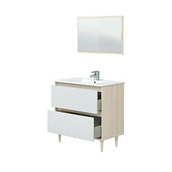 Dansmamaison Meuble sous vasque 80 cm + vasque + colonne + miroir Chêne/Blanc brillant - NAVERO