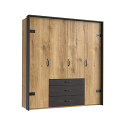 Pegane Armoire design en chêne poutre avec un cadre en couleur rechampis raw steel - L200 x H216 x P58 cm