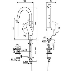 Avis Ideal Standard Robinet/Mitigeur de lavabo ceraflex avec bec haut - + Métal train Bouton de vidange G1 ¼, fixation par le dessous, bec tube orientable avec mousseur - saillie 146 mm, hauteur 191 mm Chromé