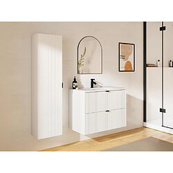 Vente-Unique Meuble de salle de bain suspendu strié avec vasque à encastrer et colonne - Blanc mat mat - 80 cm - ZEVINI