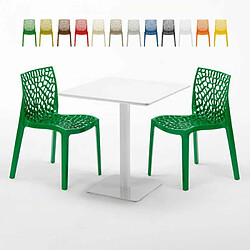 Grand Soleil Table carrée 70x70 blanche avec 2 chaises colorées Gruvyer Meringue, Couleur: Vert