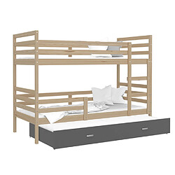 Kids Literie Lit Superposé 3 Places Milo 90x190 Pin - gris Livré avec sommiers, tiroir et matelas en mousse de 7cm 