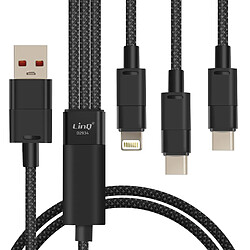 LinQ Câble USB vers Lightning + 2 USB-C 60W Charge Rapide Longueur 1.2m Noir 