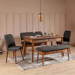 Hanah Home Ensemble repas table chaises et banc Vina noyer et anthracite.