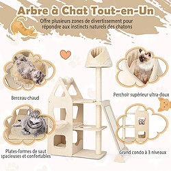 Avis Helloshop26 Arbre à chat en bois massif 162 cm tour de chat multicouche balle et poteaux rotatifs à gratter rampe de sisal beige 20_0005504