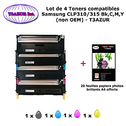 Pack 4 Toners génériques CLP310 Bk,C,M,Y pour imprimante Samsung CLP 310, 310N, 315, 315W Noir + 20f A6 brillantes -T3AZUR 