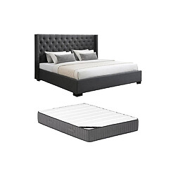 Avis Vente-Unique Lit coffre 200 x 200 cm avec tête de lit capitonnée - Tissu - Gris + Matelas - MASSIMO