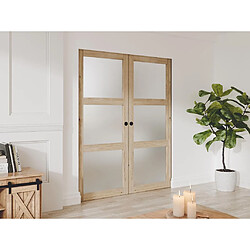 Vente-Unique Porte coulissante double avec système à galandage en bois et verre trempé dépoli - 3 fenêtres - 2 x H205 x L83 cm - ACOSTA II 