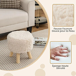 Helloshop26 Repose-pieds tabouret pouf rond ottoman rembourré en fausse fourrure siège rembourré pieds en bois d'hévéa tabouret multifonctionnel blanc et naturel 20_0009172