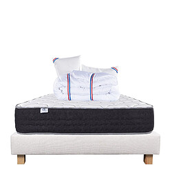 LUXURY LITERIE Ensemble matelas Sérénité 140x190 cm + sommier beige ep20cm + 2 oreillers + couette •Dimensions du couchage: 140x190 cm •Type de matelas: ressorts ensachés, memosoft100 •Epaisseur du matelas: 27 cm •Matelas livré roulé compressé •Traitement de protection: Anti-acarien, Anti-bactérien, Hypoallergénique •Revêtement-Coutil certifié Oeko-tex