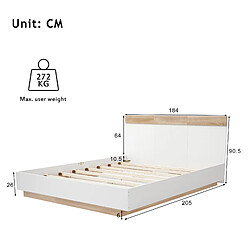 KOMHTOM Lit Double Flottant En Bois - 205 X 184 X 90,5 cm - Cadre De Lit Avec Sommier À Lattes - Chêne/Blanc pas cher