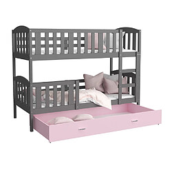 Kids Literie Lit Superposé Teo 90x190 Gris - rose Livré avec sommiers, tiroir et matelas en mousse de 7cm 