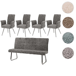 Mendler Set de salle à manger HWC-G55, set de 4 chaises avec accoudoirs+banc 180cm, inox brossé tissu/textile chenille ~ gris foncé