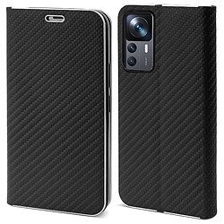 Moozy Étui portefeuille pour Xiaomi 12T et 12T Pro, Black Carbon - Étui à rabat avec bordure métallique, fermeture magnétique, porte-cartes et fonction béquille