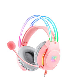 General Casque de jeu avec son surround, micro antibruit, microphone rétractable à isolation acoustique, compatible avec PS4 PS5 Xbox One PC portable, casque supra-auriculaire avec lumière LED RVB(rose) 