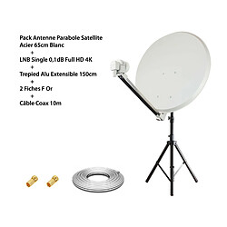 Pack Antenne Parabole Satellite Acier 65cm Blanc HD4K + LNB Single 0,1dB Full HD 4K + Trépied Alu Extensible 150cm + 2 Fiches F Or + Câble Coax 10m