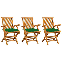 vidaXL Chaises de jardin avec coussins vert lot de 3 Bois teck massif 