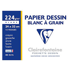 Pochette 12 feuilles papier dessin blanc A4+ Clairefontaine à grain 224 g