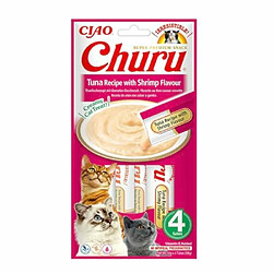 INABA Churu - Friandises pour Chats en purée au Thon & crevettes - 4 Tubes x 14g - Délicieux Snacks pour Félins - Texture Lisse et Onctueuse - Nourriture pour Chats 