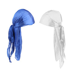 Acheter 2 Pièces Durag Headwear Cap Chute De Cheveux Écharpe Bandana Turban Blanc + Bleu Royal