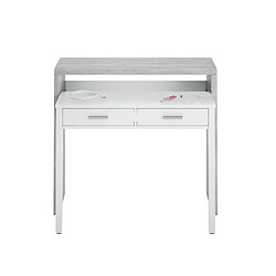 Pegane Bureau avec 1 étagère / niche et 2 tiroirs coloris Blanc Artik / Ciment en mélamine - Dim: 88 x 99 x 36 cm