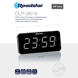 Radio-Réveil FM PLL 2 Alarmes, Grand Écran LCD, Fonction "Snooze", Minuterie, , Noir/Argent, Roadstar, CLR-2615