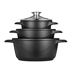 Batterie de Cuisine Induction 6 pièces Aluminium Fonte, 3 Casseroles, Couvercles, , Noir, Smile, MGK-18 