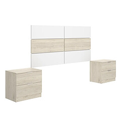 Pegane Ensemble de tête de lit avec 2 tables de chevet coloris chêne naturel, blanc - Longueur 258 x Profondeur 34 x Hauteur 121 cm