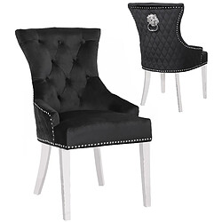 Vivenla Lot de 2 Chaises de salle à manger avec capitonnage et anneau décoratif tête de lion à l'arrière revêtement en velours noir et piètement en acier inoxydable poli argenté collection MADISON