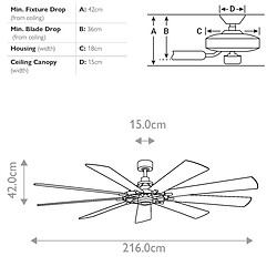 Elstead Lighting Ventilateur de plafond 216 cm, 9 pales, lumière LED variable 3000 K, zinc patiné, télécommande.