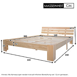 Acheter KOMHTOM Lit Double 200 X 140 cm En Bois De Pin Massif Composé D'Un Cadre De Lit Avec Tête De Lit et Sommier À Lattes - Naturel