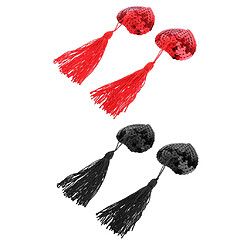 2 Paires Réutilisable Cache-tétons Motif Cœur en Adhésif Silicone avec Paillettes Brillantes et Frange Noir et Rouge