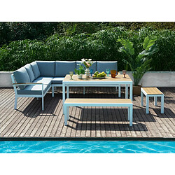 Vente-Unique Salon de jardin en aluminium et polywood : 1 canapé d'angle, 2 bancs et 1 table - Naturel clair et gris - ZOLAYA de MYLIA 