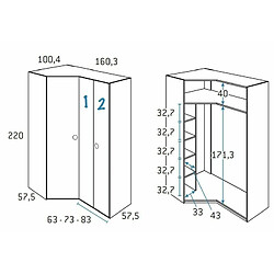 Inside 75 Armoire d'angle pan-coupé 2 portes 160,3 x 220 cm finition chêne blanchis porte droite pliante