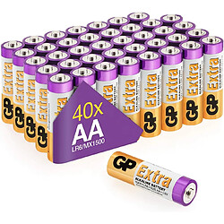 Piles AA - Lot de 40 Piles | GP Extra | Batteries Alcalines AA LR6 1,5v |Longue durée, très puissantes, utilisation quotidienne 