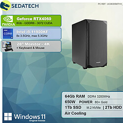 Sedatech Pack PC Professionnel • Intel i9-11900KF • RTX4060 • 64Go RAM • 1To SSD M.2 • 2To HDD • Windows 11 • Moniteur 28"