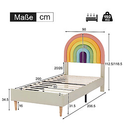 Acheter KOMHTOM Lit Rembourré Simple Enfant Ou Adulte 90*200 cm Avec Sommier À Lattes et Tête De Lit Arc-En-Ciel Réglable En Hauteur - Beige