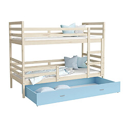 Kids Literie Lit Superposé Milo 90x190 Pin - bleu Livré avec sommiers, tiroir et matelas en mousse de 7cm 