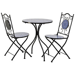 Pegane Ensemble table et 2 chaises en mosaïque et fer forgé noir