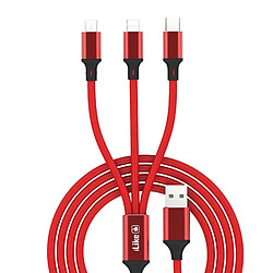 iLike CCI02 Fil Tressé Durable USB 3en1 Ensemble de Câbles USB vers Micro USB / Lightning / Type-C 1m Rouge