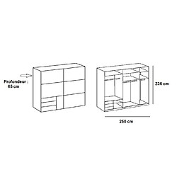 Inside 75 Armoire coulissante LISBETH 2 portes 3 tiroirs décor blanc 250 x 236 cm hauteur