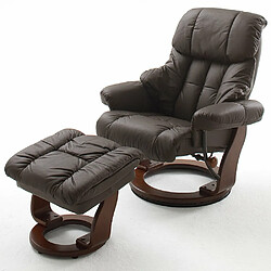 Inside 75 Fauteuil relax CLAIRAC assise en cuir marron pied en bois noyer avec repose pied 