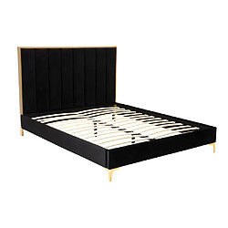 Vente-Unique Lit 160 x 200 cm avec tête de lit coutures verticales - Velours - Noir et doré + Matelas - CLARISSE pas cher