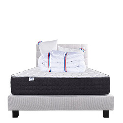 LUXURY LITERIE Ensemble matelas Sérénité 140x190 cm + sommier gris ep20cm + 2 oreillers + couette + Tête de Lit •Dimensions du couchage: 140x190 cm •Type de matelas: ressorts ensachés, memosoft100 •Epaisseur du matelas: 27 cm •Matelas livré roulé compressé •Traitement de protection: Anti-acarien, Anti-bactérien, Hypoallergénique •Revêtement-Coutil certifié Oeko-tex