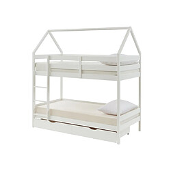 Avis Vente-Unique Lits superposés cabane 2 x 90 x 190 cm - 2 tiroirs - Pin - Blanc + Matelas - CHORI