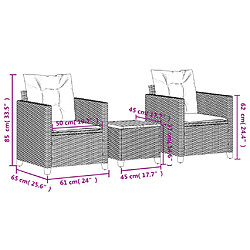 vidaXL Ensemble de bistro 3 pcs et coussins gris résine tressée acacia pas cher