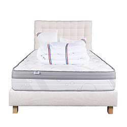 LUXURY LITERIE Ensemble matelas Relaxation 140x190 cm + sommier beige ep20cm + 2 oreillers + couette + Tête de Lit •Dimensions du couchage: 140x190 cm •Type de matelas: ressorts ensachés, memosoft100 •Epaisseur du matelas: 27 cm •Matelas livré roulé compressé •Traitement de protection: Anti-acarien, Anti-bactérien, Hypoallergénique •Revêtement-Coutil certifié Oeko-tex